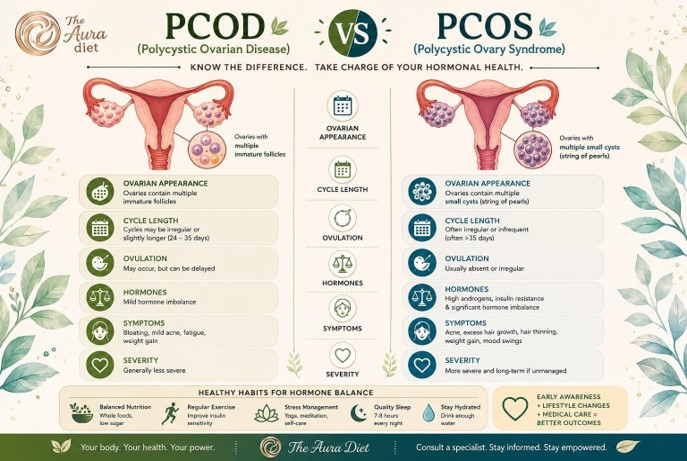 The Aura Diet medical comparison chart detailing the differences between PCOD and PCOS.