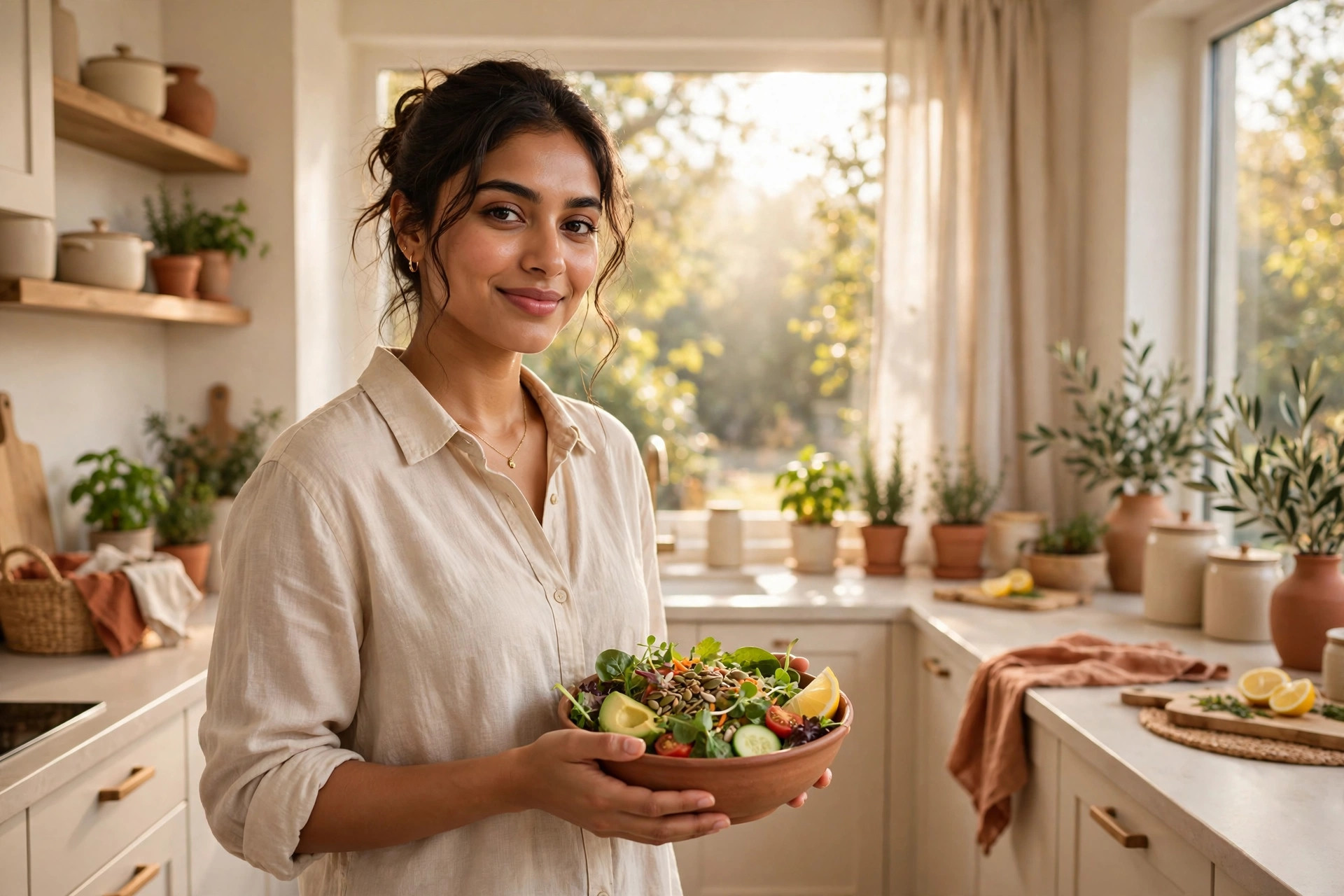 Woman preparing a fresh healthy salad bowl in a bright kitchen