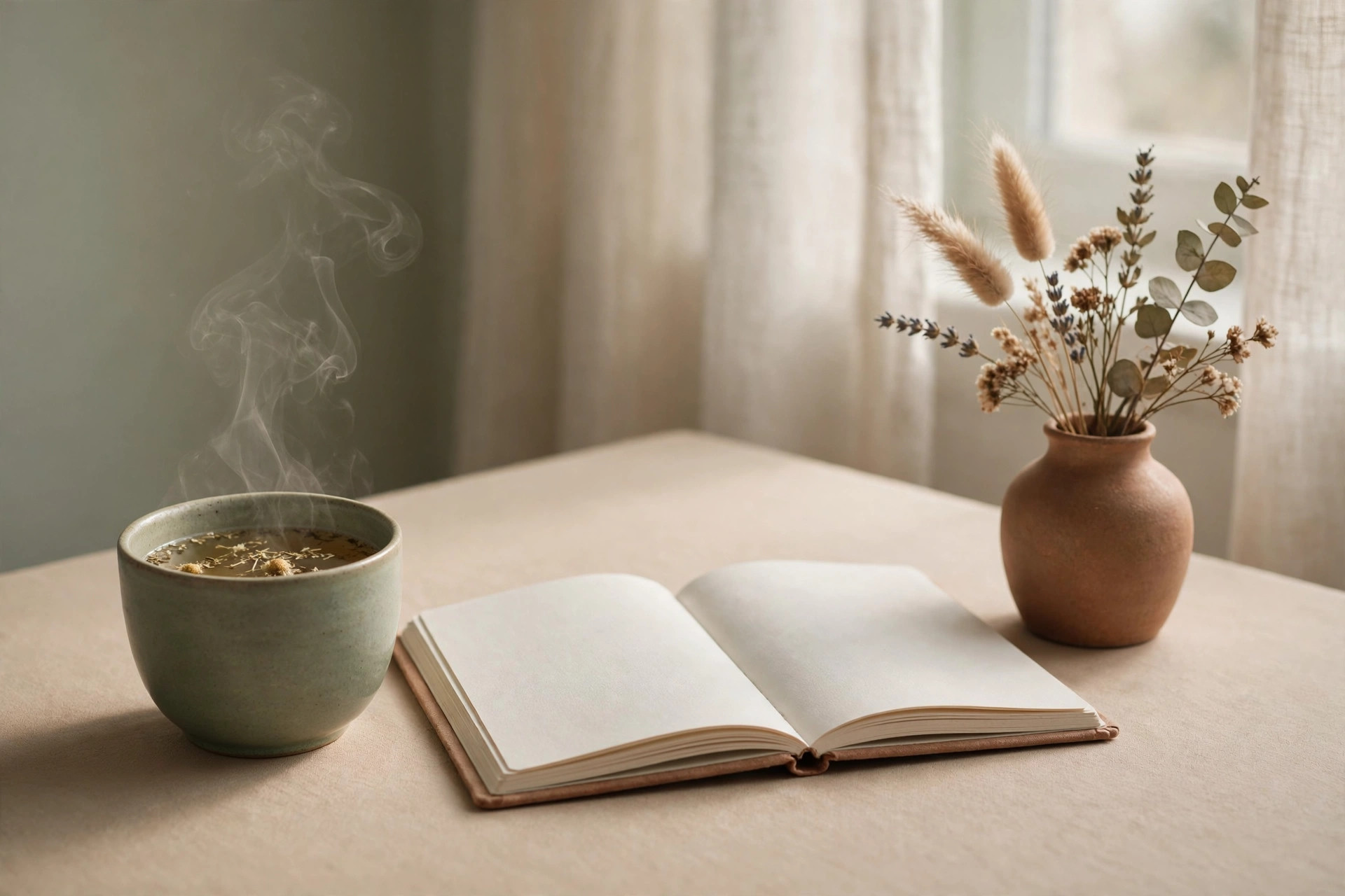 Calming wellness desk with herbal tea and journal