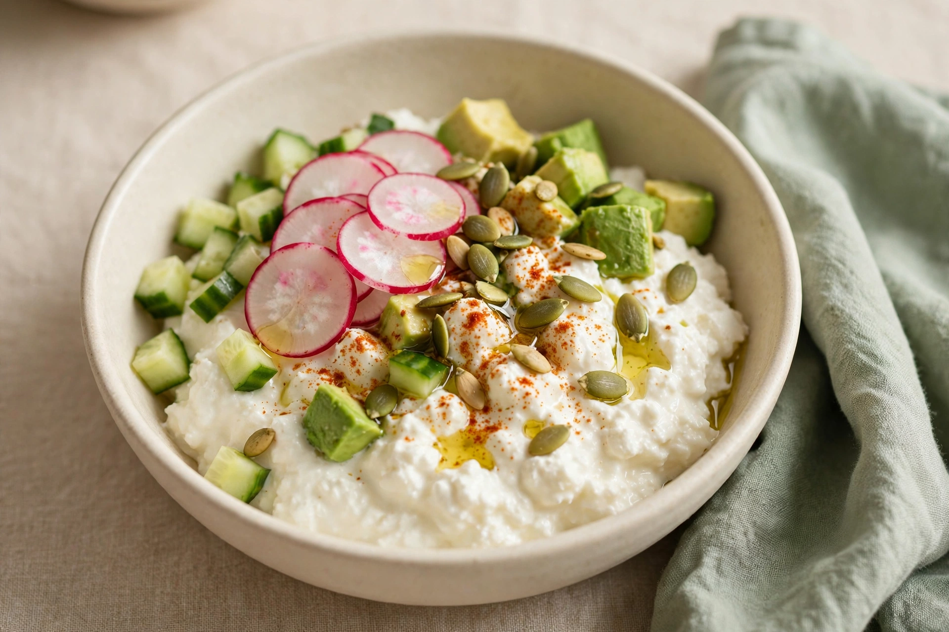 Savory cottage cheese breakfast bowl with radish, cucumber, avocado and pumpkin seeds for insulin resistance
