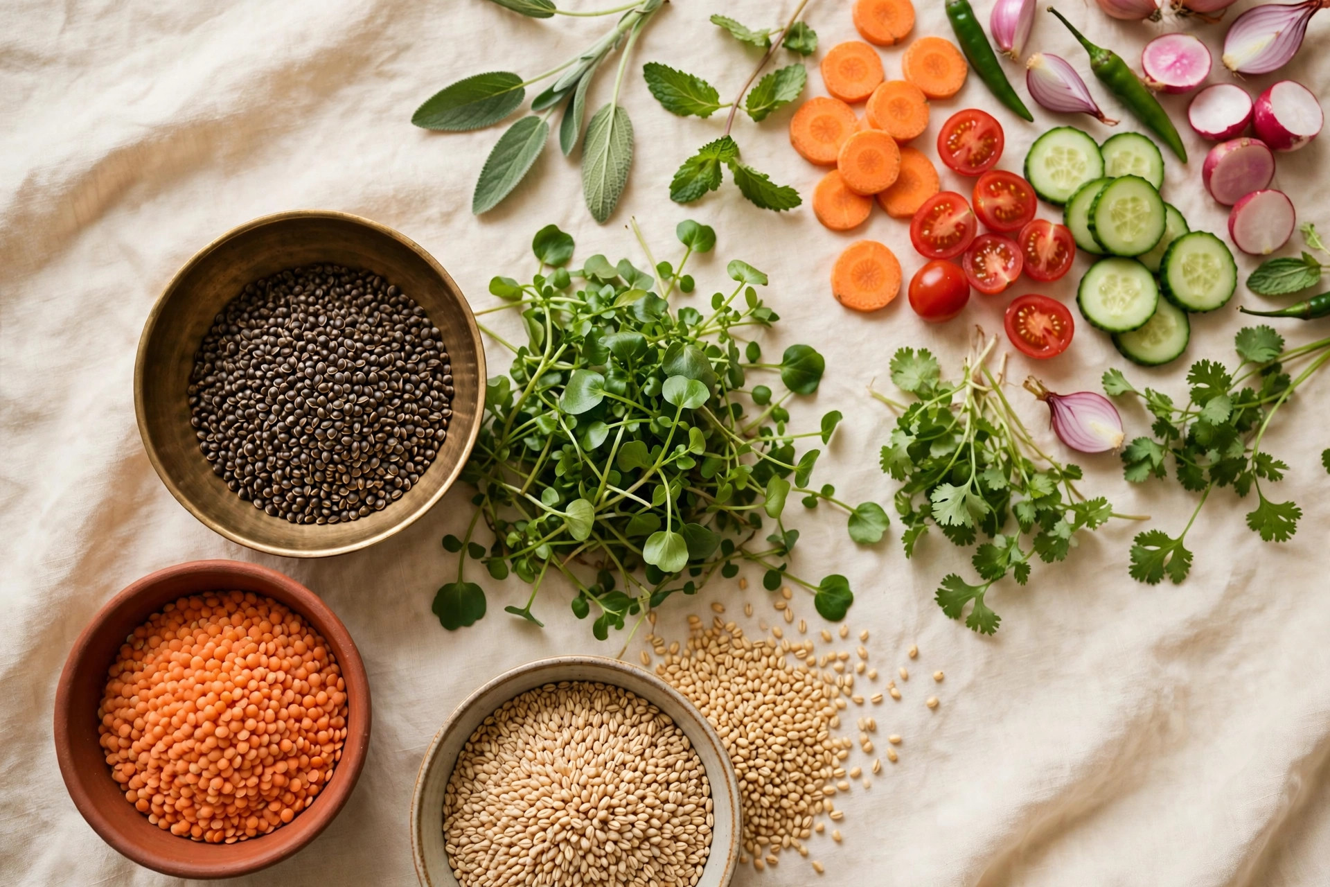 Healthy Pakistani foods for PCOS: lentils, garden cress seeds, fresh vegetables and whole grains